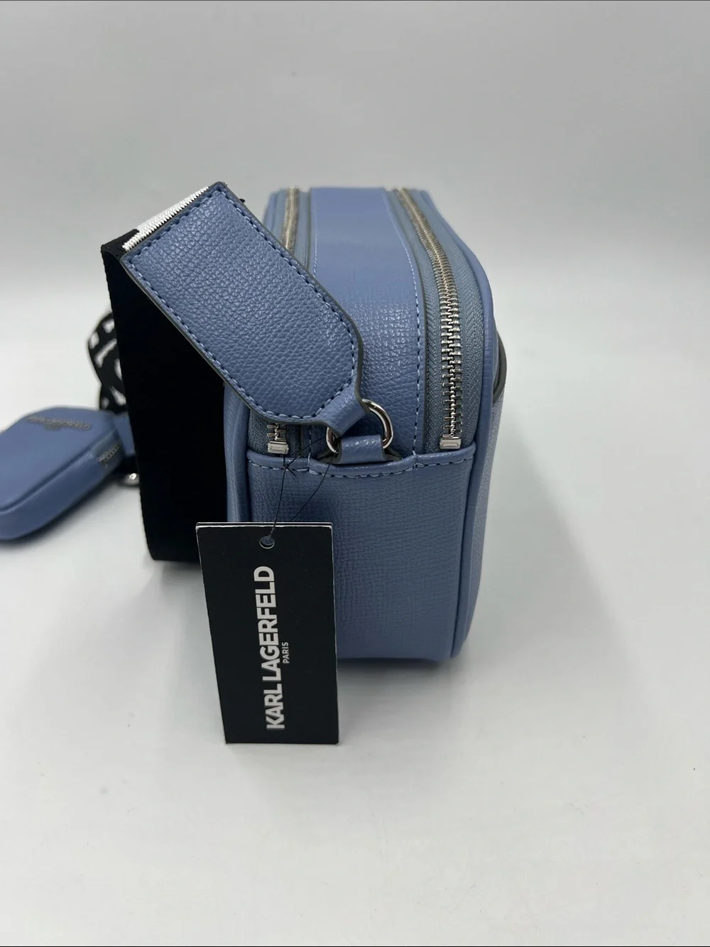 Karl Lagerfeld Perforated Logo Blue Leather Camera Bag with Branded Strap